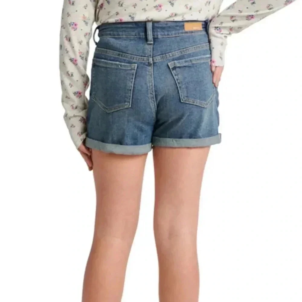 Justice Girls Mini Mom Destroyed Blue Denim Shorts Size 12 Cuffed Hem Pockets